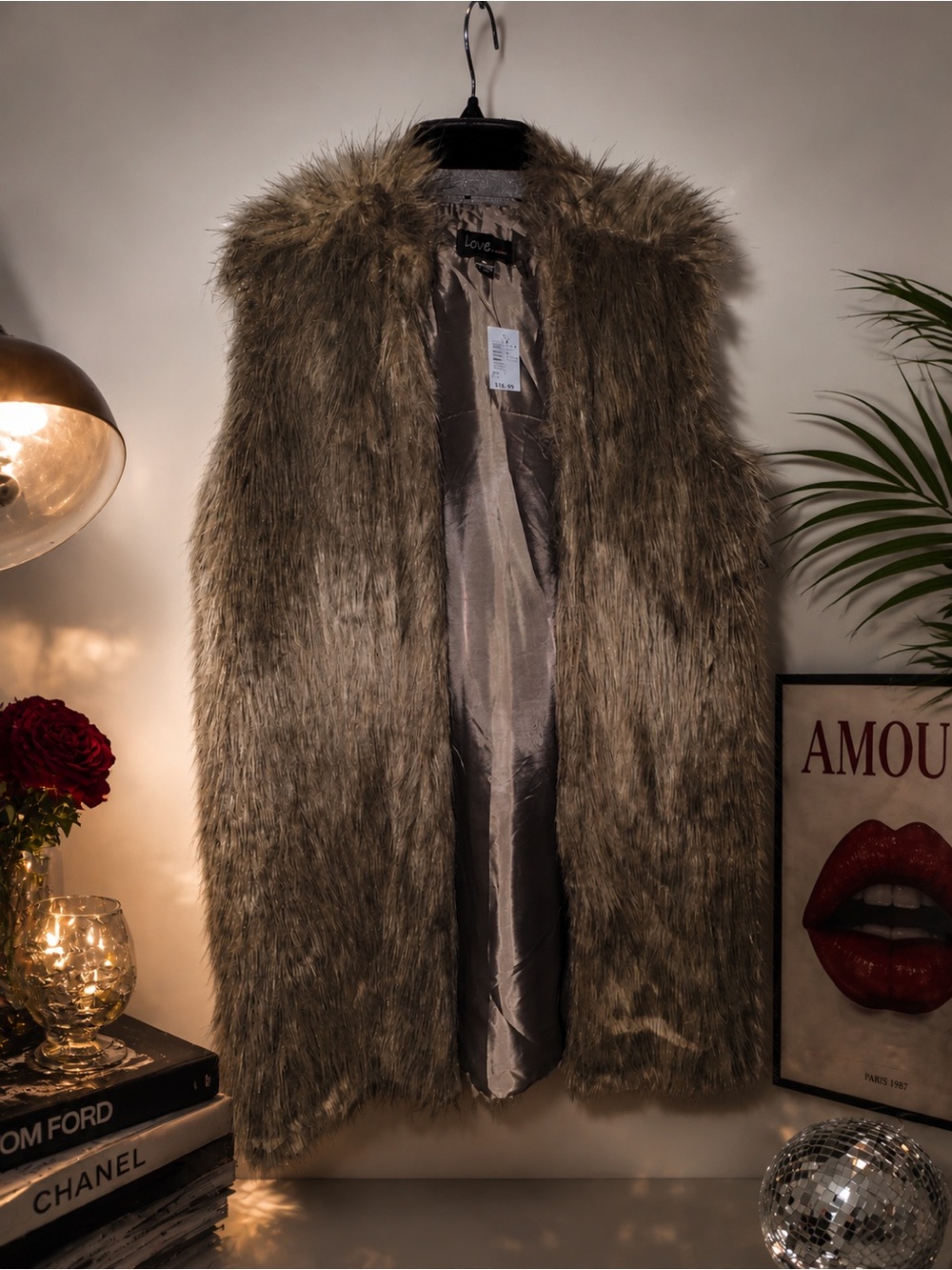 Love Faux Fur Vest in Olive Taupe Faux Fur